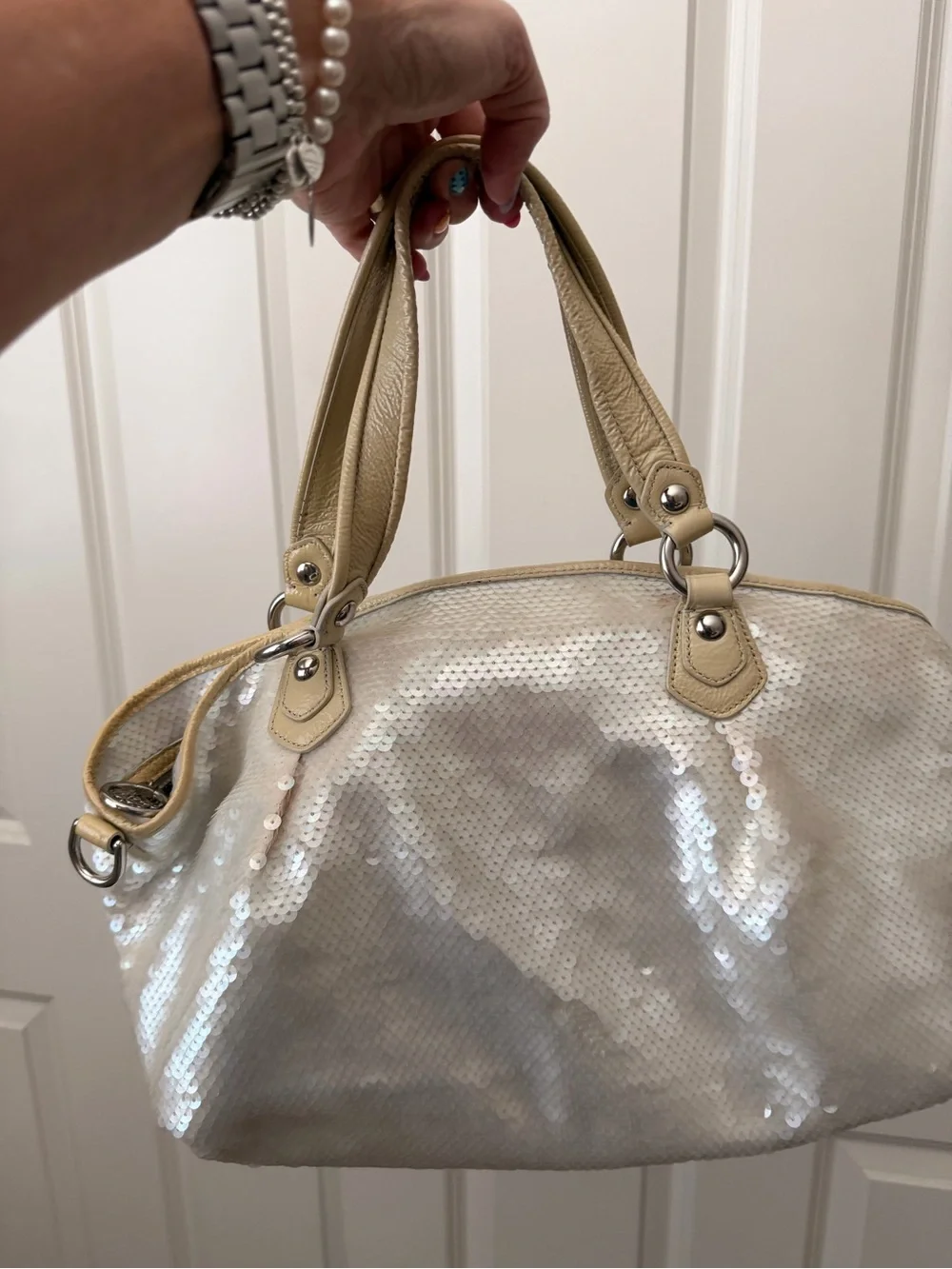 Coach Iridescent Sequin Poppy Satchel with Tan Trim